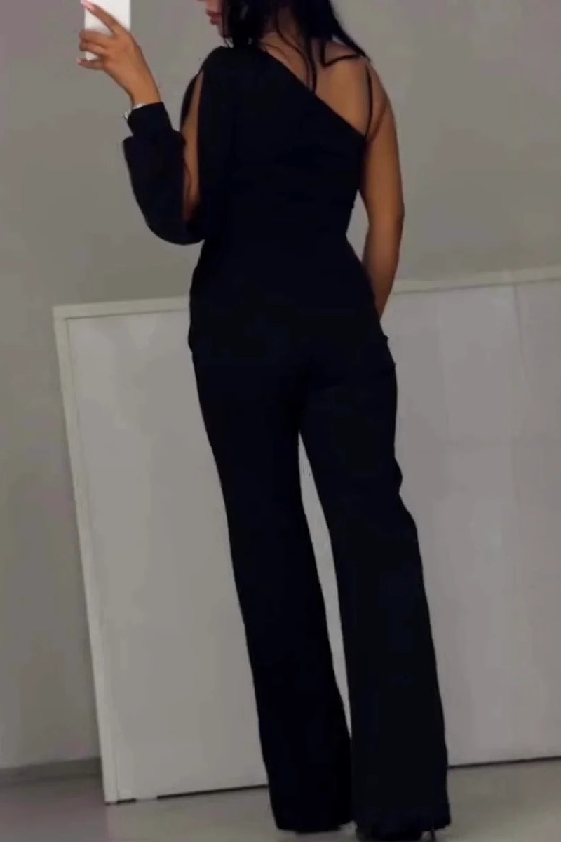 Sexy See-Through Mesh Sloping Shoulder Regular Jumpsuits