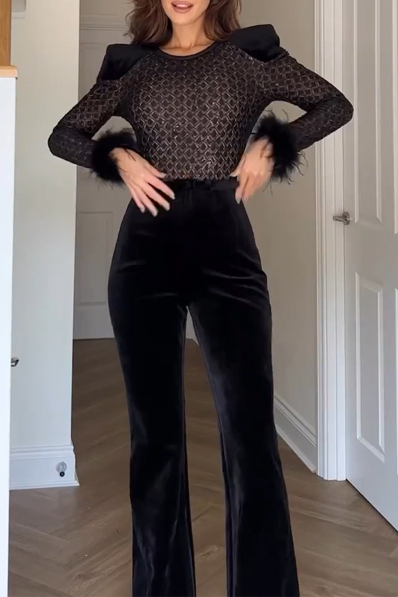 Sexy Patchwork See-Through Velvet O Neck Regular Jumpsuits