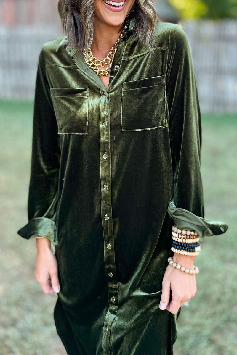 Vestido camisero informal con cuello vuelto y hebilla de bolsillo (3 colores)