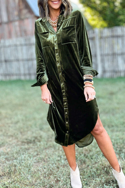 Vestido camisero informal con cuello vuelto y hebilla de bolsillo (3 colores)