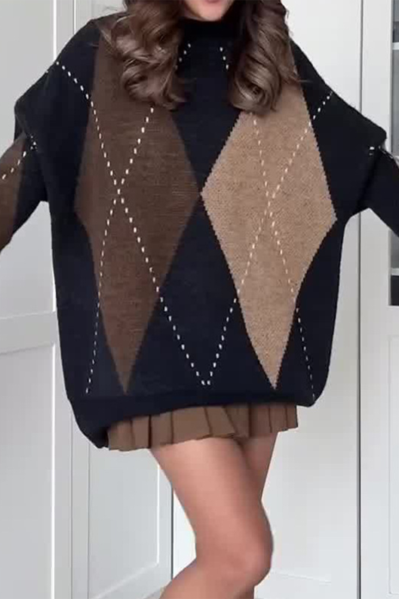 Suéteres casuales de cuello redondo con rombos y patchwork en contraste (4 colores)