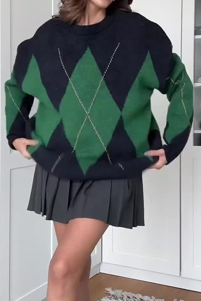 Suéteres casuales de cuello redondo con rombos y patchwork en contraste (4 colores)