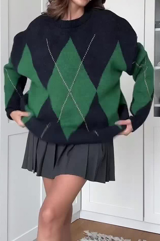 Suéteres casuales de cuello redondo con rombos y patchwork en contraste (4 colores)
