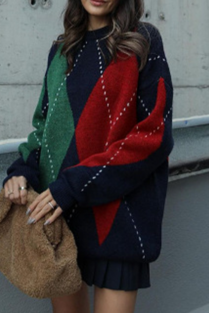 Suéteres casuales de cuello redondo con rombos y patchwork en contraste (4 colores)