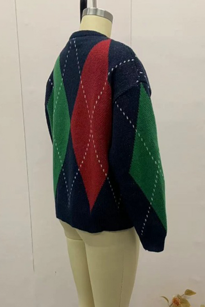 Casual Street Rhombus Patchwork Contrast O Neck Sweaters