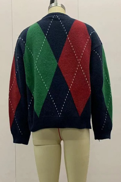 Casual Street Rhombus Patchwork Contrast O Neck Sweaters