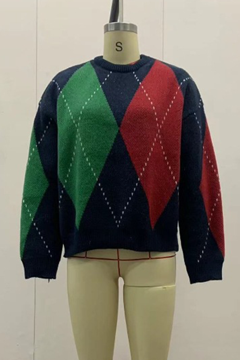 Suéteres casuales de cuello redondo con rombos y patchwork en contraste (4 colores)