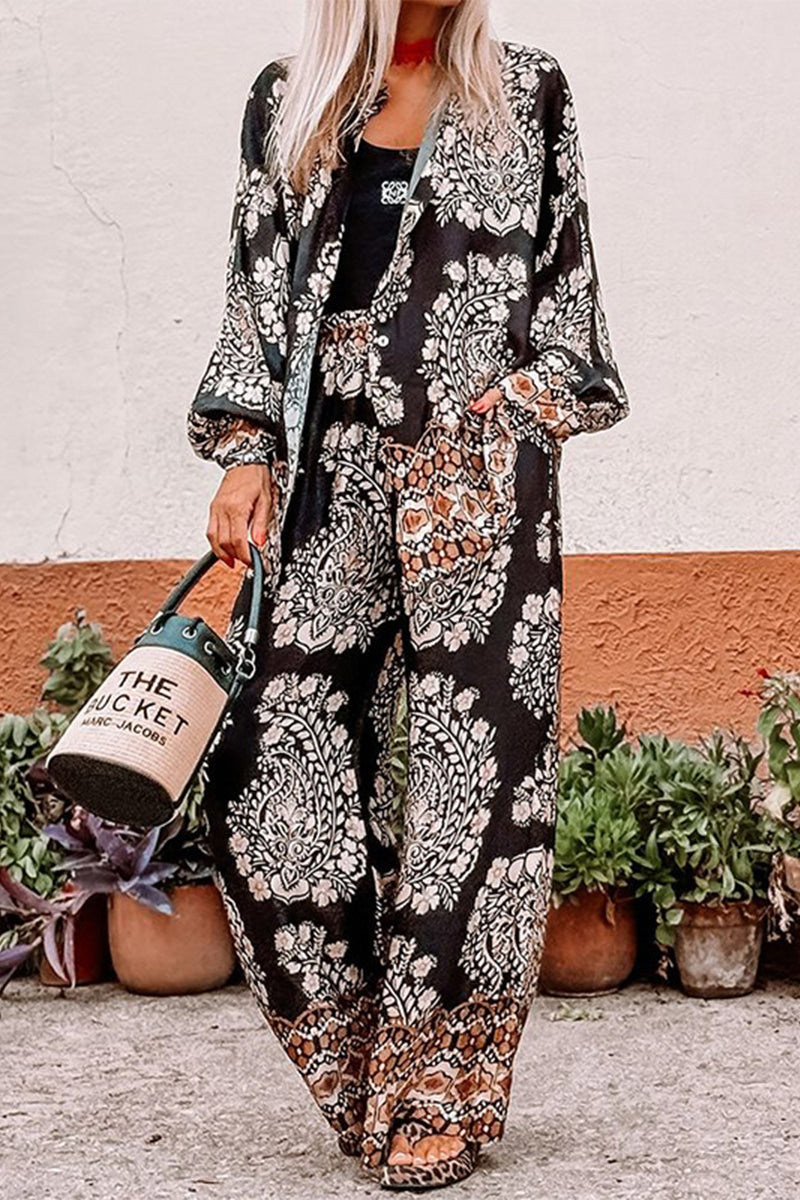 Conjunto informal de dos piezas con estampado floral, bolsillos, botones, cuello vuelto, manga larga