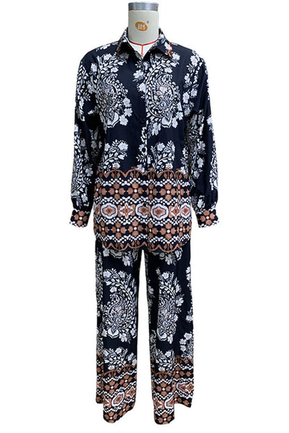 Conjunto informal de dos piezas con estampado floral, bolsillos, botones, cuello vuelto, manga larga