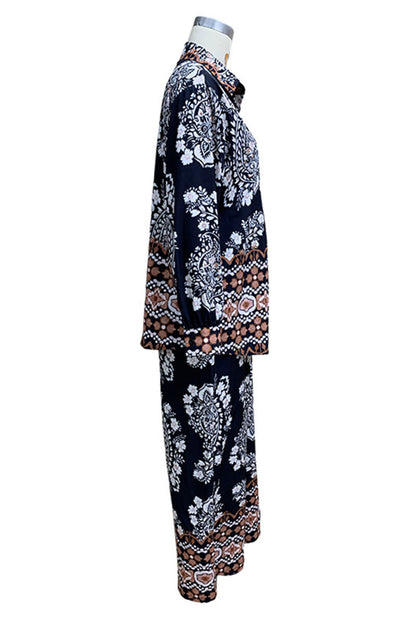 Conjunto informal de dos piezas con estampado floral, bolsillos, botones, cuello vuelto, manga larga