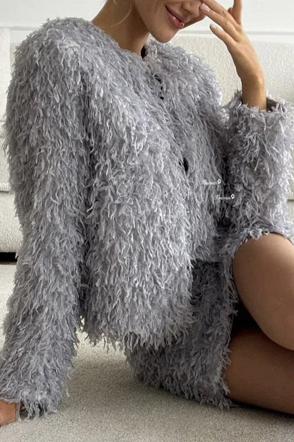 Conjunto de dos piezas elegante con flecos y cuello redondo, manga larga (3 colores)