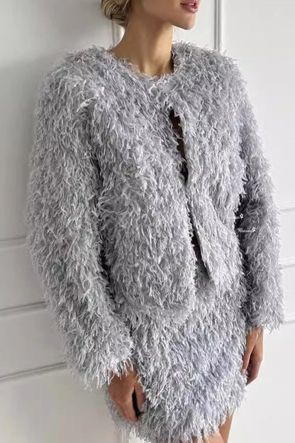 Conjunto de dos piezas elegante con flecos y cuello redondo, manga larga (3 colores)