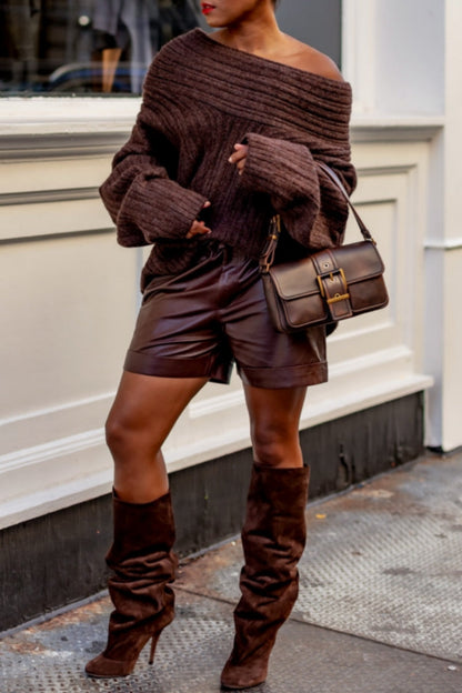 Casual Solid Color Basic Oblique Collar Sweaters