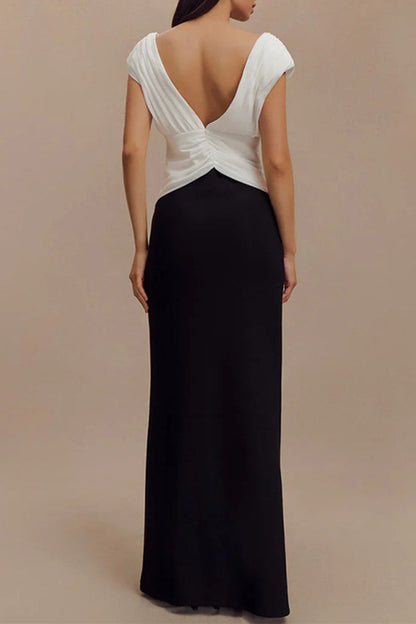Sexy Solid Color Backless Ruched Contrast V Neck Long Dresses