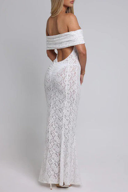 Vestidos largos sexis de encaje con espalda descubierta y cola de pez con hombros descubiertos