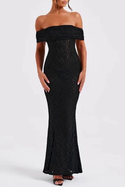 Vestidos largos sexis de encaje con espalda descubierta y cola de pez con hombros descubiertos