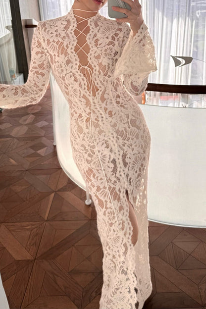 Sexy Lace See-Through Strap Design V Neck Lace Dress Dresses