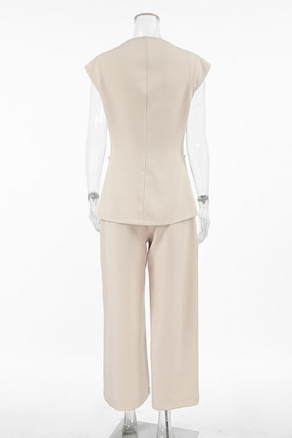Conjunto informal de dos piezas con cuello en V, manga corta y bolsillos con botones para la calle