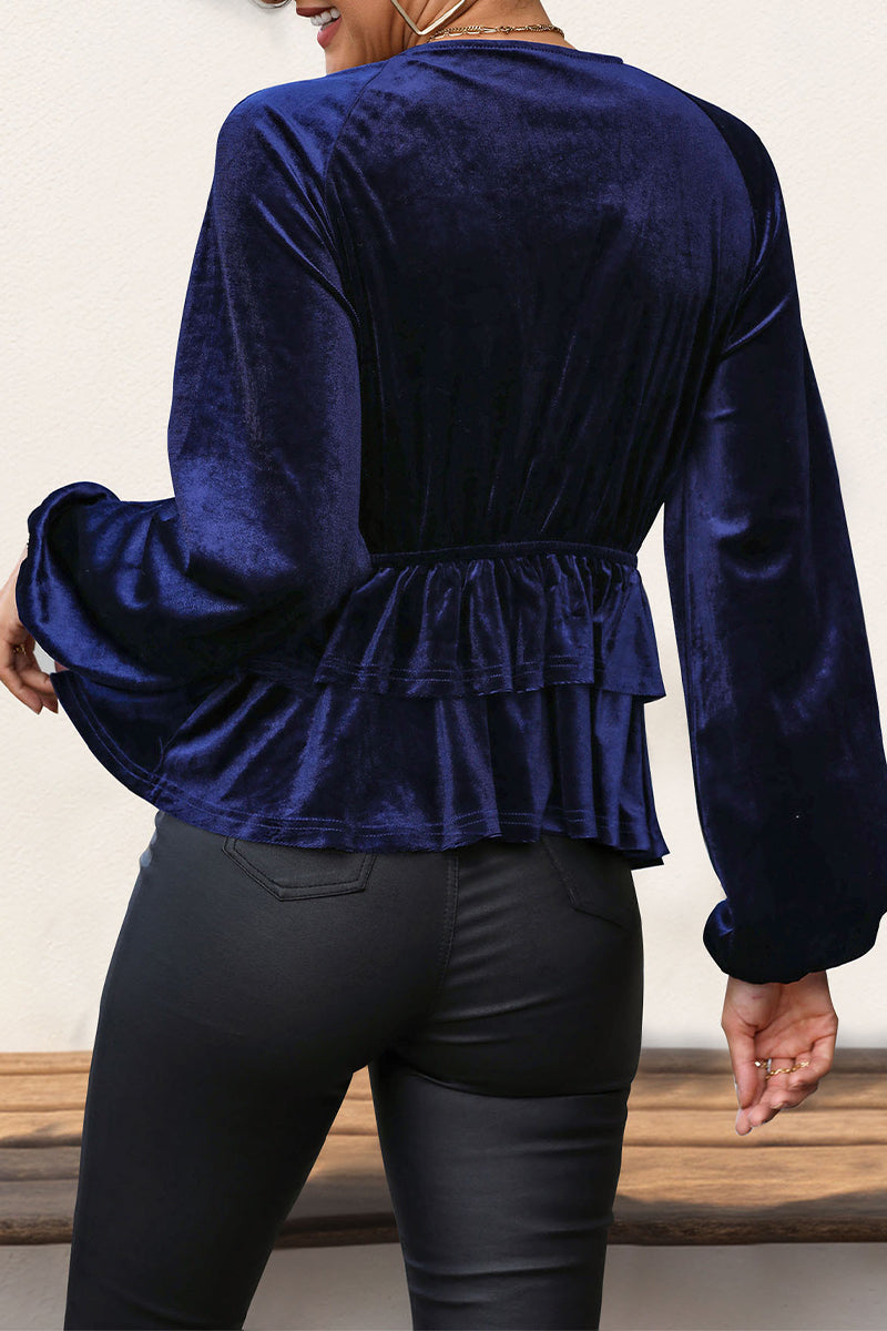 Elegant Ruched Velvet V Neck Blouses