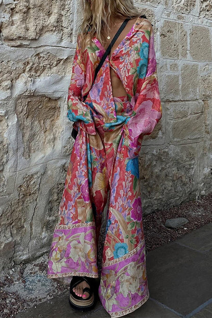 Conjunto de dos piezas con cuello vuelto, manga larga, estampado floral informal, bolsillo y contraste
