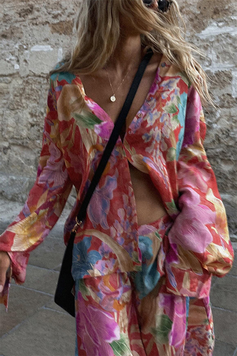 Conjunto de dos piezas con cuello vuelto, manga larga, estampado floral informal, bolsillo y contraste