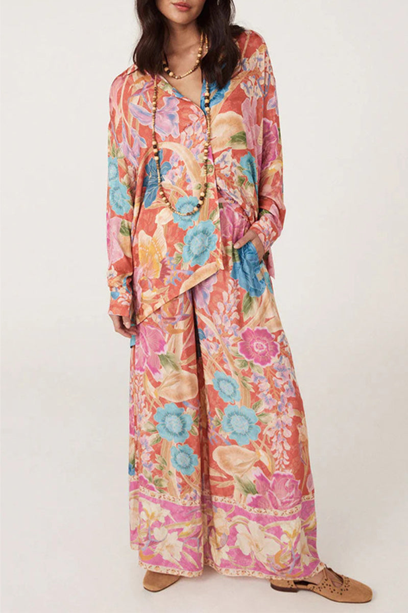 Conjunto de dos piezas con cuello vuelto, manga larga, estampado floral informal, bolsillo y contraste