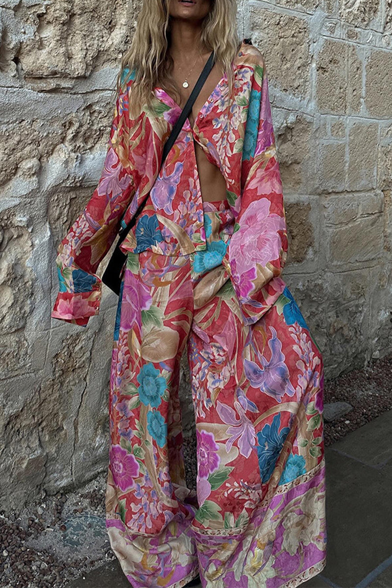 Conjunto de dos piezas con cuello vuelto, manga larga, estampado floral informal, bolsillo y contraste
