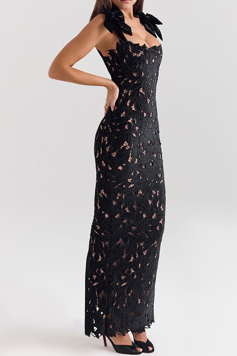 Sexy Solid Color Hollow Out Bow Decor Square Neck One Step Skirt Dresses