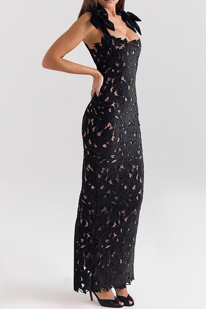 Sexy Solid Color Hollow Out Bow Decor Square Neck One Step Skirt Dresses