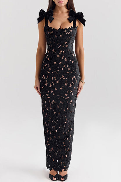 Sexy Solid Color Hollow Out Bow Decor Square Neck One Step Skirt Dresses