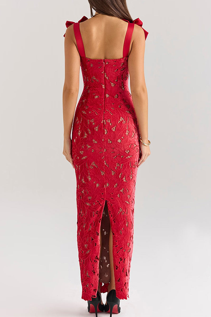 Sexy Solid Color Hollow Out Bow Decor Square Neck One Step Skirt Dresses