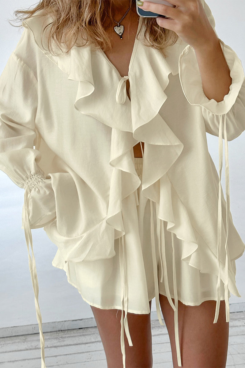 Casual Daily Lace Up Ruffle V Neck Long Sleeve Two Pieces