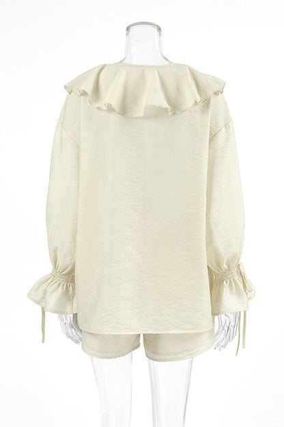 Casual Daily Lace Up Ruffle V Neck Long Sleeve Two Pieces