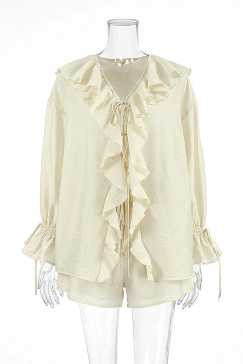 Casual Daily Lace Up Ruffle V Neck Long Sleeve Two Pieces