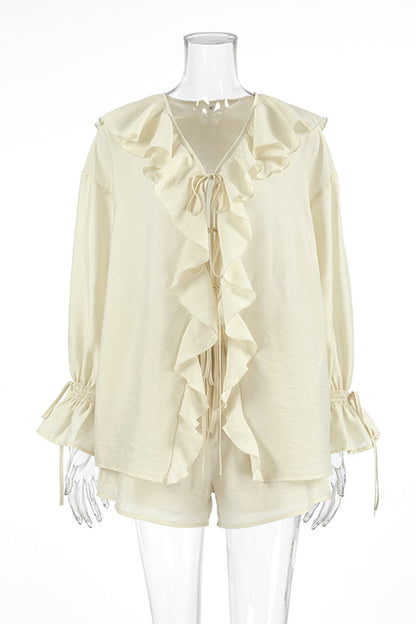 Casual Daily Lace Up Ruffle V Neck Long Sleeve Two Pieces
