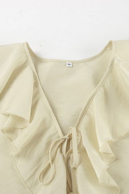 Casual Daily Lace Up Ruffle V Neck Long Sleeve Two Pieces