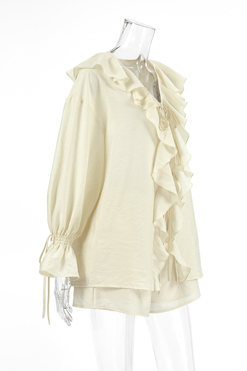 Casual Daily Lace Up Ruffle V Neck Long Sleeve Two Pieces