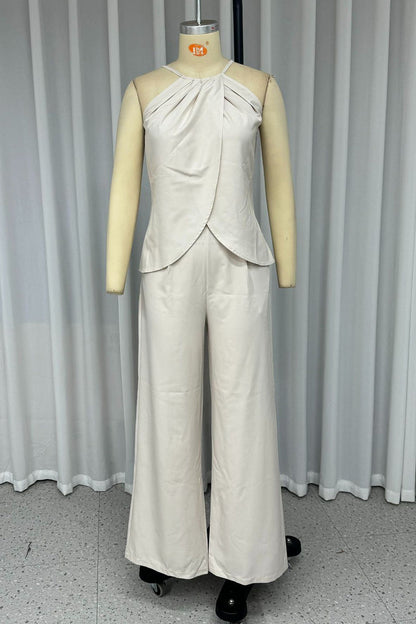 Conjunto informal de dos piezas con cuello halter, fruncido e irregular, sin mangas