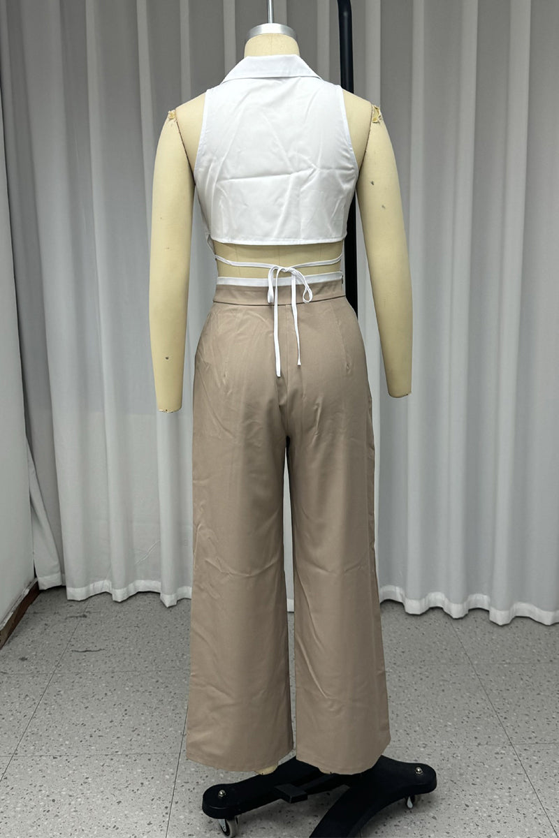 Conjunto informal de dos piezas con cordones, botones y cuello vuelto, sin mangas