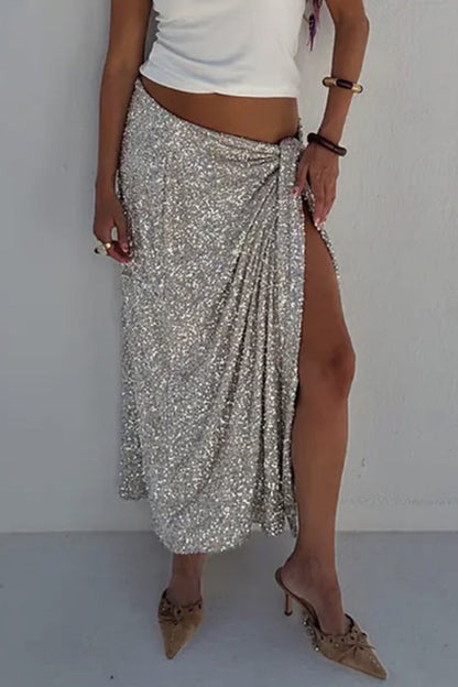 Elegant Sequins Ruched Regular High Waist Solid Color Bottoms(3 Colors)