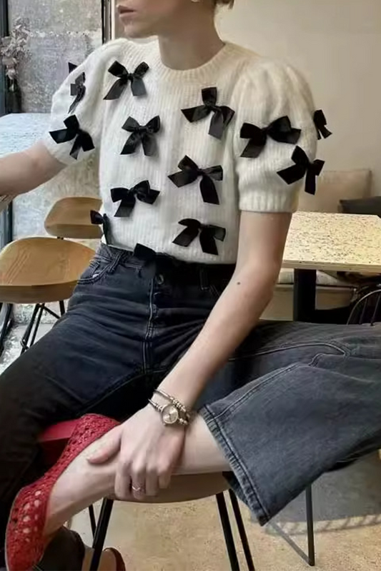 Suéteres casuales de cuello redondo con contraste y patchwork con lazo