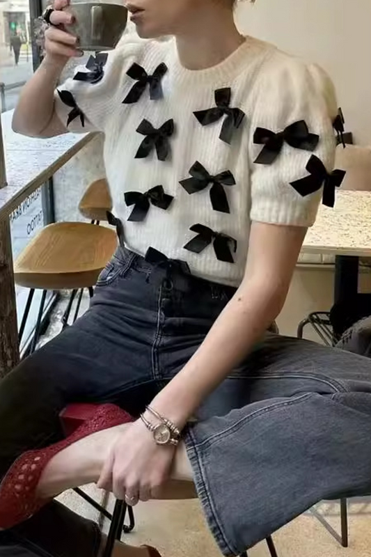 Suéteres casuales de cuello redondo con contraste y patchwork con lazo