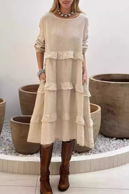 Casual Pocket Ruffle O Neck A Line Dresses(4 Colors)