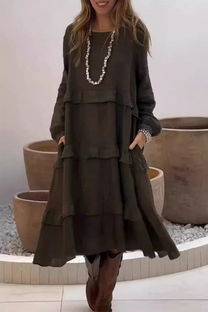 Casual Pocket Ruffle O Neck A Line Dresses(4 Colors)