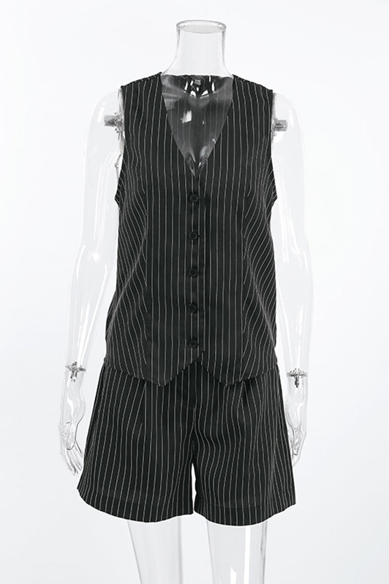 Conjunto informal de dos piezas con rayas, bolsillos, botones, escote en V y sin mangas