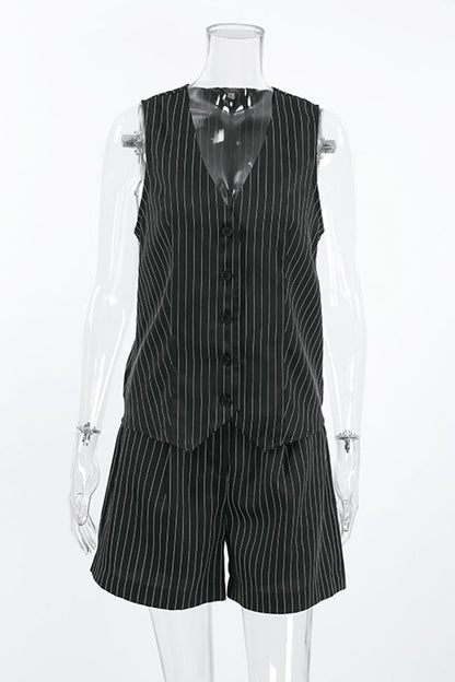 Conjunto informal de dos piezas con rayas, bolsillos, botones, escote en V y sin mangas