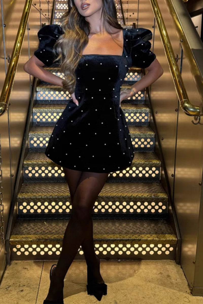 Elegant Pearls Decor Square Neck Princess Short Sleeve Dress