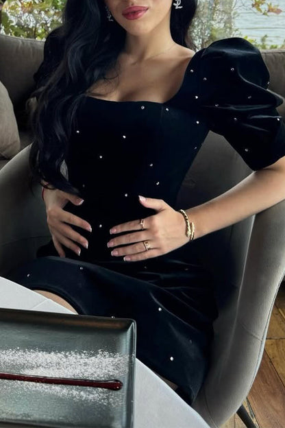 Elegant Pearls Decor Square Neck Princess Short Sleeve Dress