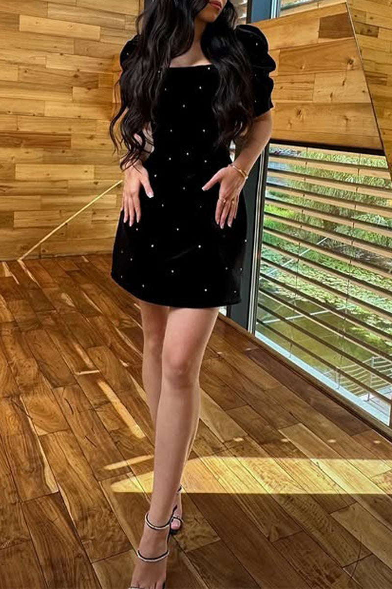 Elegant Pearls Decor Square Neck Princess Short Sleeve Dress