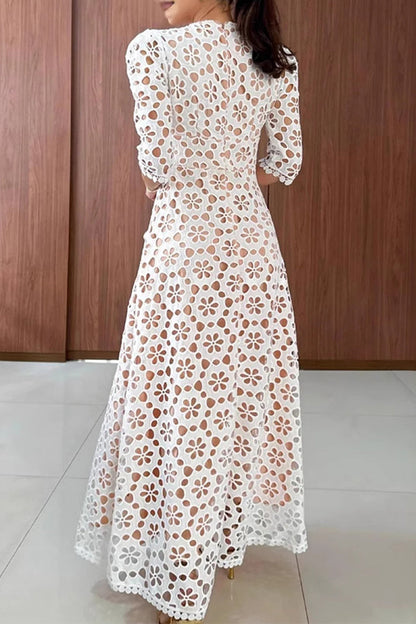 Vestidos largos casuales con cuello en V, con flores y aberturas, con cremallera